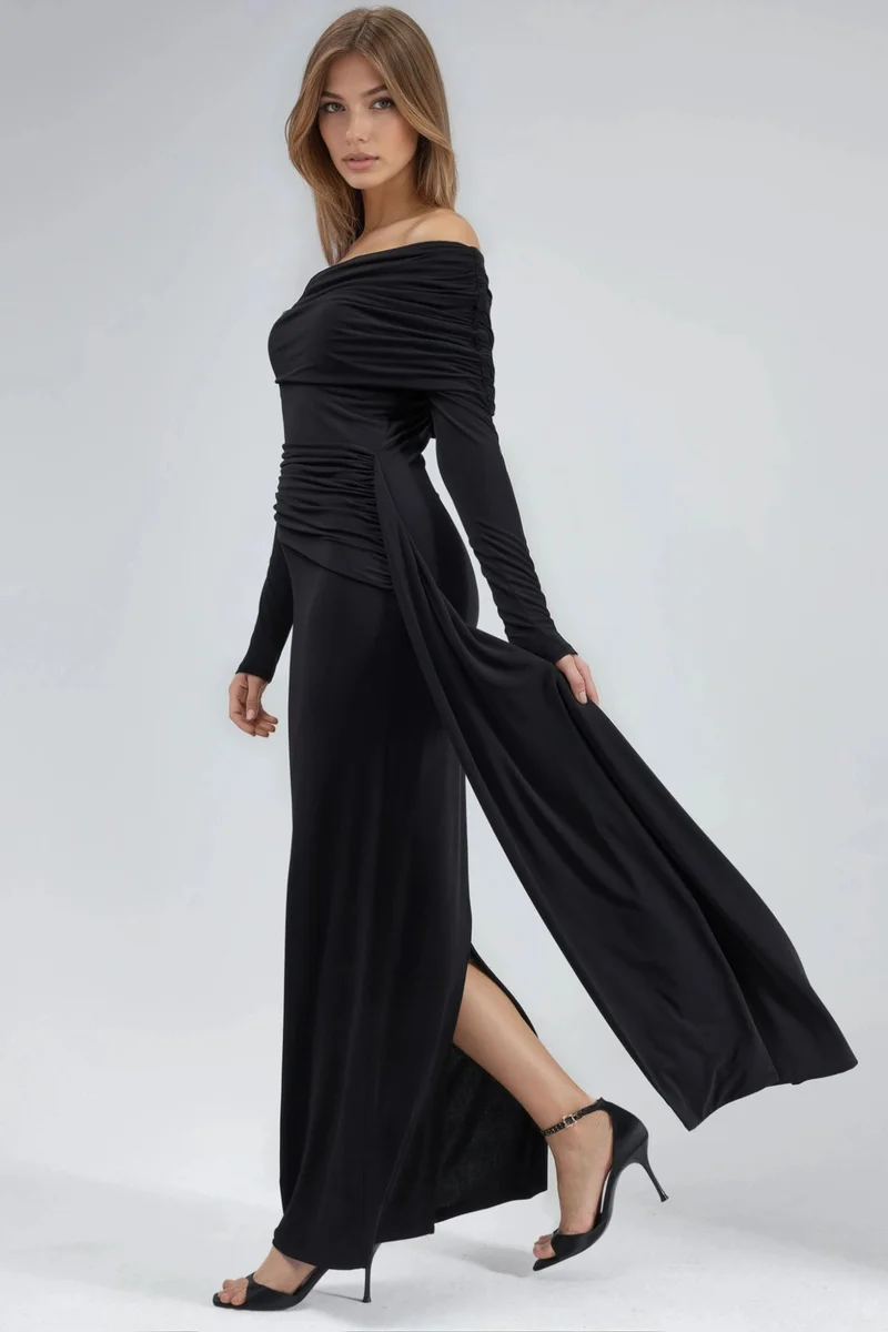 Hiccup Black Asymmetrical Bodycon Maxi Dress with Slit for Women | Best Price UAE