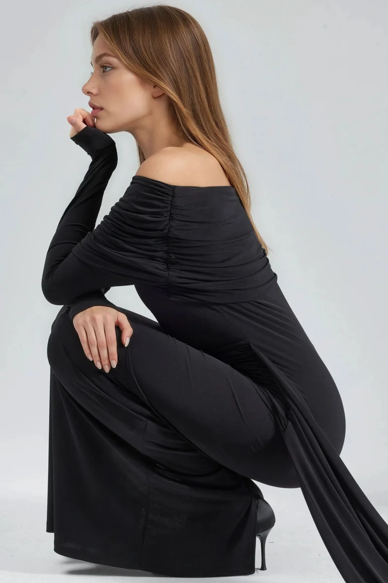 Hiccup Black Asymmetrical Bodycon Maxi Dress with Slit for Women | Best Price UAE