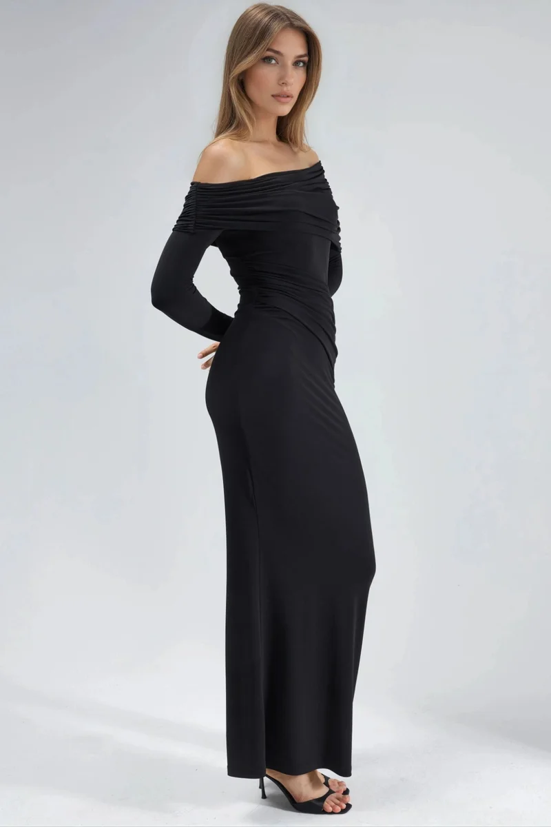 Hiccup Black Asymmetrical Bodycon Maxi Dress with Slit for Women | Best Price UAE