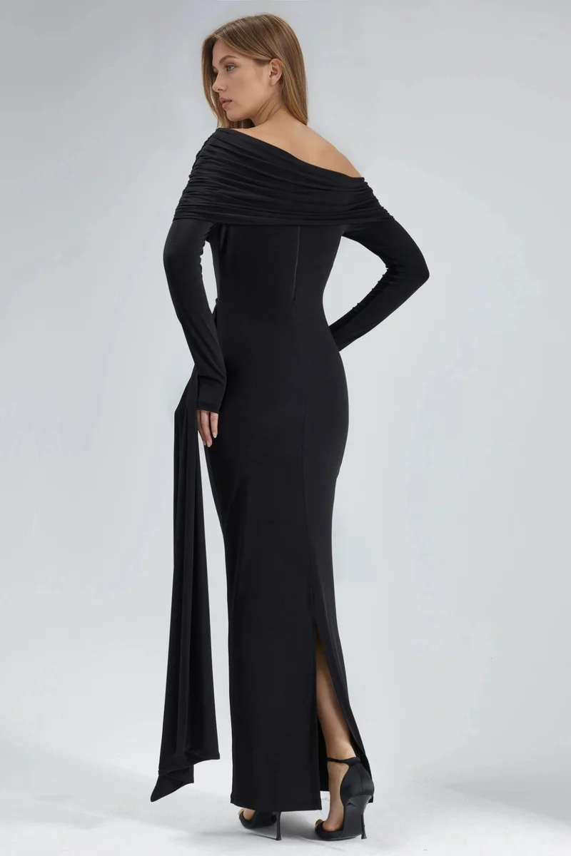 Hiccup Black Asymmetrical Bodycon Maxi Dress with Slit for Women | Best Price UAE