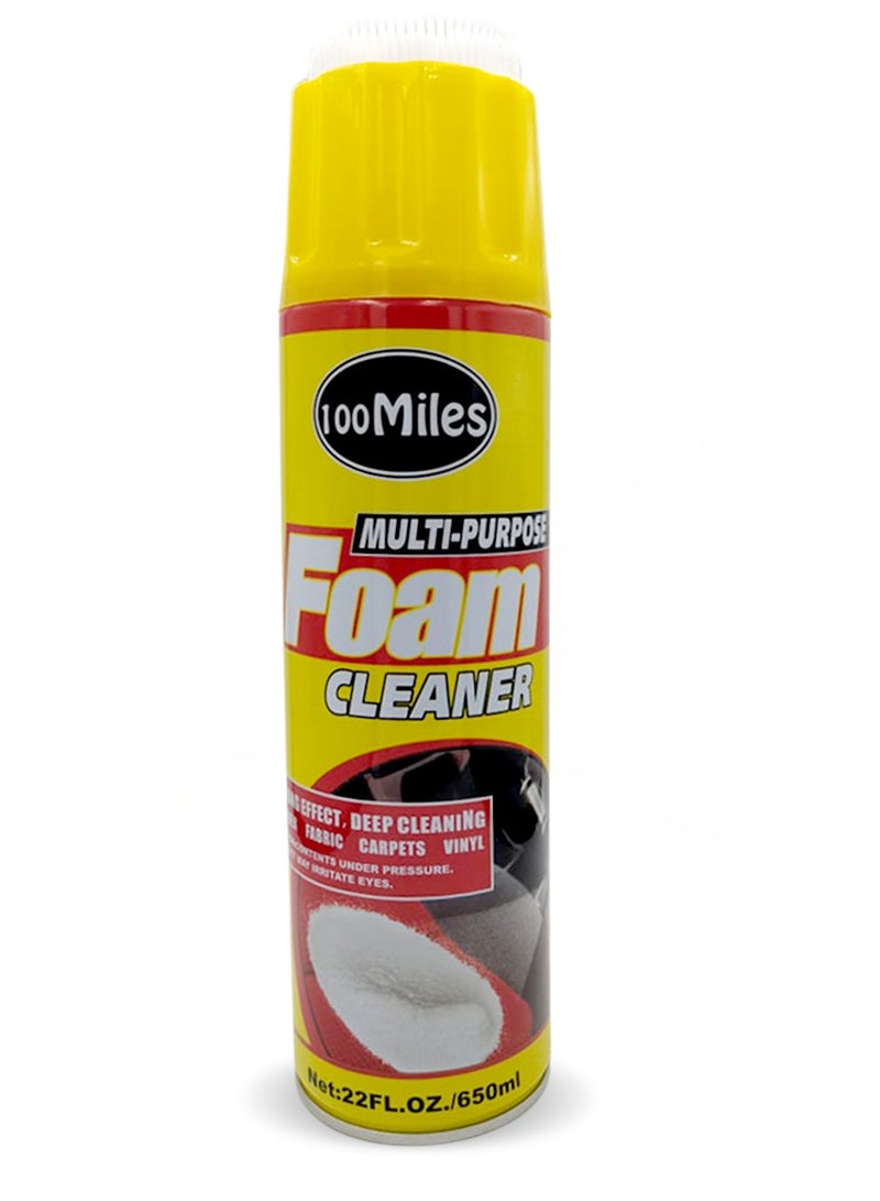 100Miles Multi Purpose Foam Cleaner 650ml Deep Cleaning Foam Spray with Built In Brush for Car Interior Upholstery Carpet Fabric Seat Door Panel Vinyl Leather Sofa Home Office Stain Dirt Odor Removal Cleaner Aerosol Cleaning Solution - Image 1