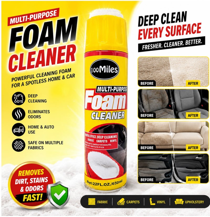100Miles Multi Purpose Foam Cleaner 650ml Deep Cleaning Foam Spray with Built In Brush for Car Interior Upholstery Carpet Fabric Seat Door Panel Vinyl Leather Sofa Home Office Stain Dirt Odor Removal Cleaner Aerosol Cleaning Solution - Image 2