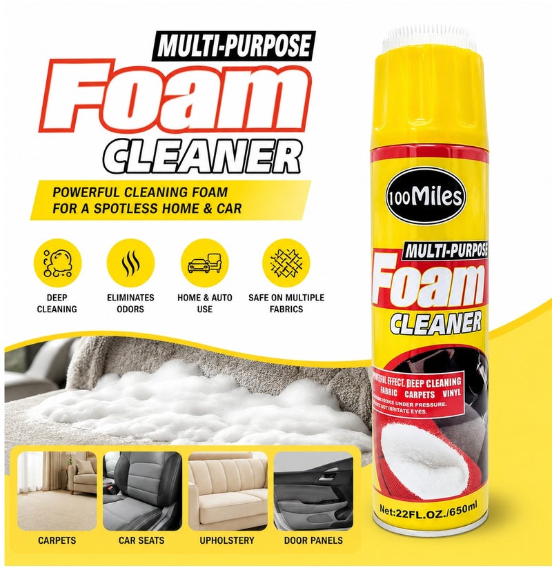 100Miles Multi Purpose Foam Cleaner 650ml Deep Cleaning Foam Spray with Built In Brush for Car Interior Upholstery Carpet Fabric Seat Door Panel Vinyl Leather Sofa Home Office Stain Dirt Odor Removal Cleaner Aerosol Cleaning Solution - Image 3