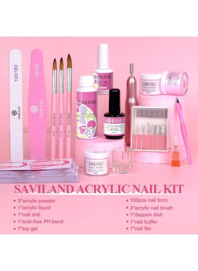 Saviland - Acrylic Nail Kit With Nail Drill Whitepinkclear Acrylic Powder And Liquid Set Acrylic Nail Brush Nail Supplies Nails Kit For Beginner With Everything For Acrylic Nails Art Design Home Diy - Image 1