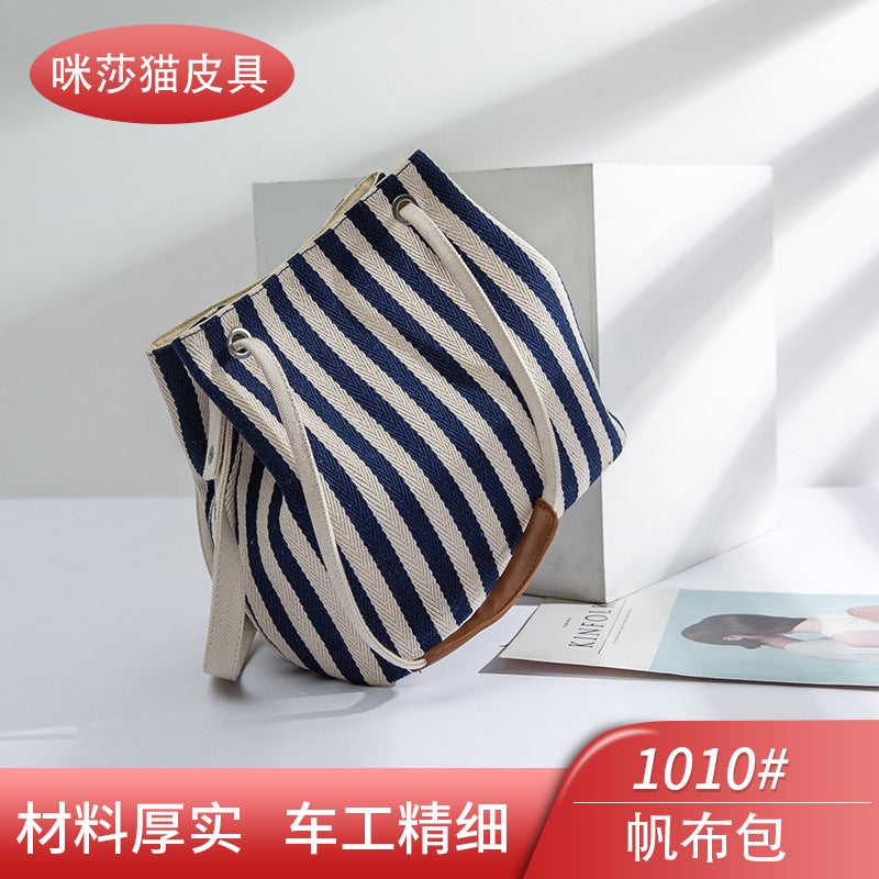 Shiling Bag Canvas Simple Bucket Shoulder Bag Striped Crossbody Women'S Bag Origin Supply Dropshipping - Image 2