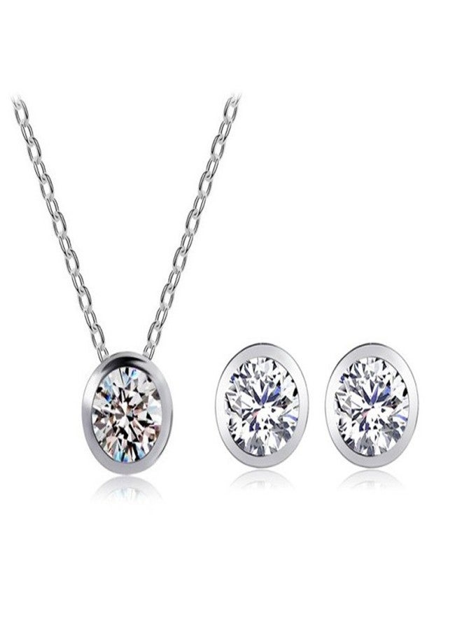 RIZILIA Jewelry Set Pendant with 18" Chain & Stud Earrings Round Cut CZ [White Cubic Zirconia] in White Gold Plated, Simple Modern Elegant - Image 4