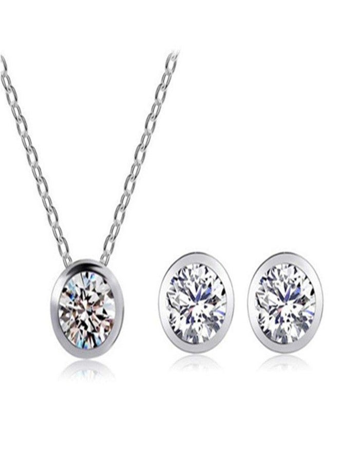 RIZILIA Jewelry Set Pendant with 18" Chain & Stud Earrings Round Cut CZ [White Cubic Zirconia] in White Gold Plated, Simple Modern Elegant - Image 1