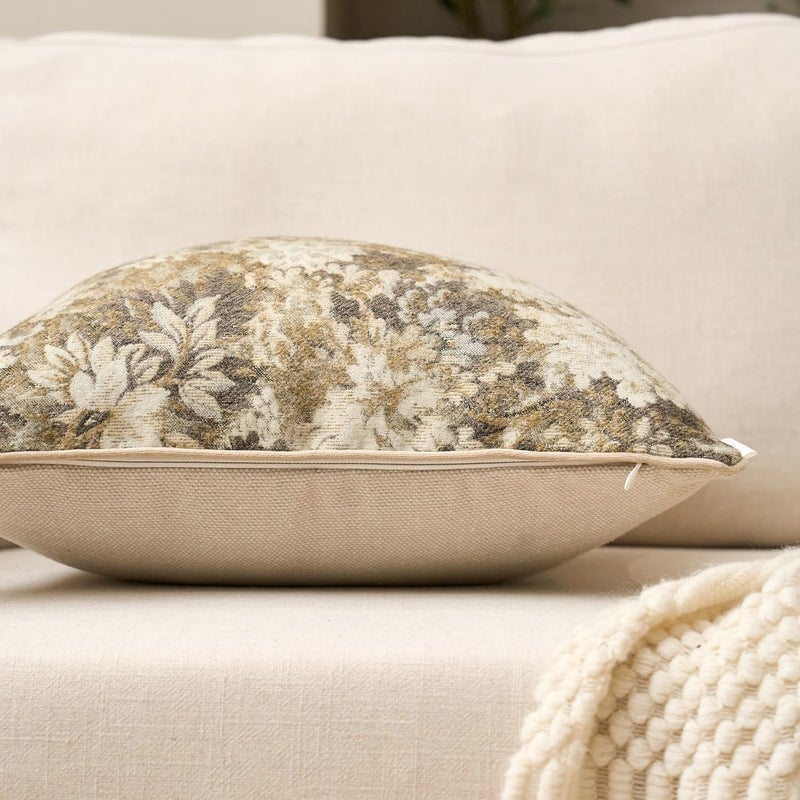 Yangest Neutral Floral Pillow Cover 24 x 24 Inches, Vintage Chenille Square Throw Pillow Cover Soft Decorative Farmhouse Accent Couch Pillow Cover for Living Room Bedroom, Beige - Image 3