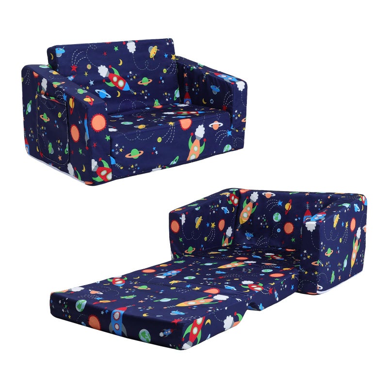 decalsweet Kids Couch Convertible Sofa to Lounger for Toddler Boy, Foldable 2-in-1 Kids Sofa Bed, Toddler Chairs Comfy for Bedroom Playroom, Blue Rocket - Image 1