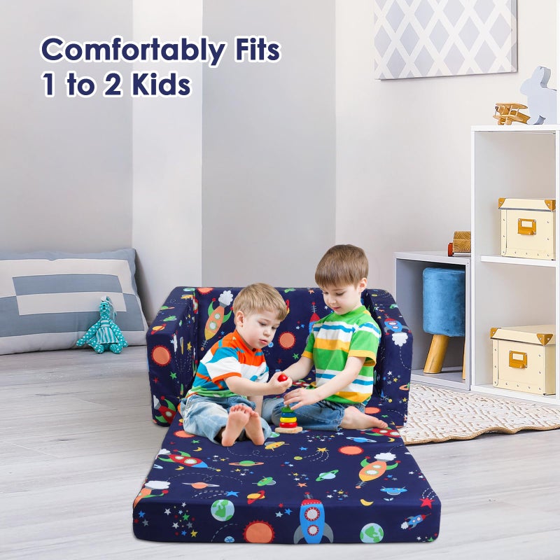 decalsweet Kids Couch Convertible Sofa to Lounger for Toddler Boy, Foldable 2-in-1 Kids Sofa Bed, Toddler Chairs Comfy for Bedroom Playroom, Blue Rocket - Image 4
