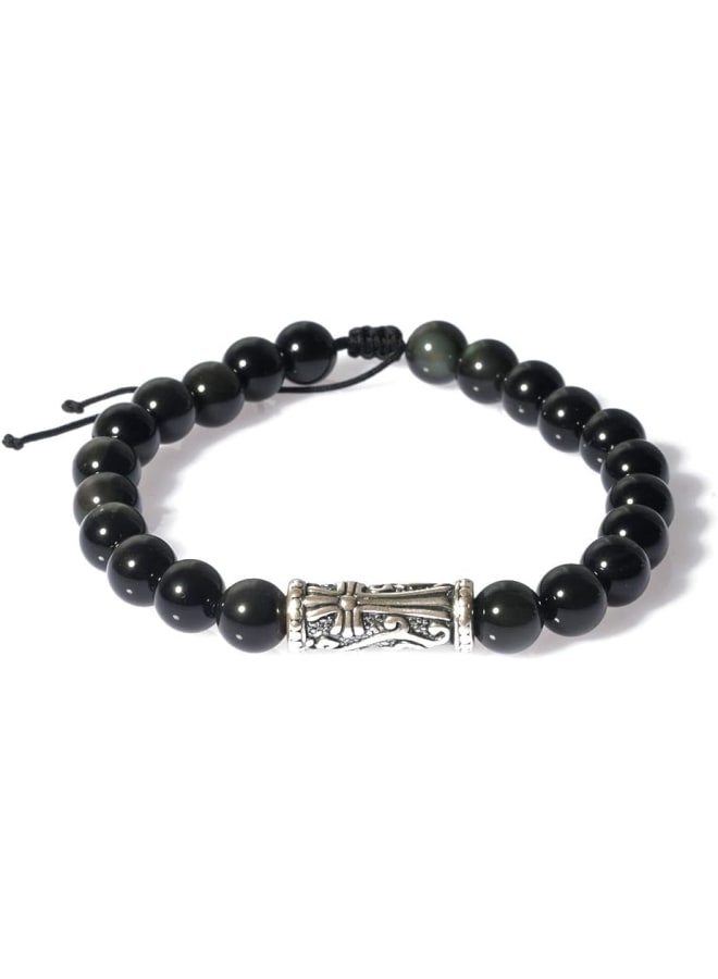 J&C Handmade 8mm Rainbow Black Obsidian Healing Stones Bracelets, S925 Sterling Silver Beads Bracelets for Women/Men., Stone - Image 1