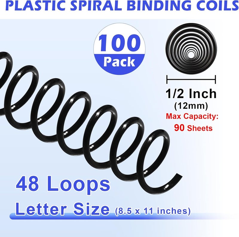 TOTiyea 100 Pack Plastic Spiral Binding Coils, 12mm(1/2") Binding Spirals, 90 Sheet Capacity, 4:1 Pitch, Black - Image 2