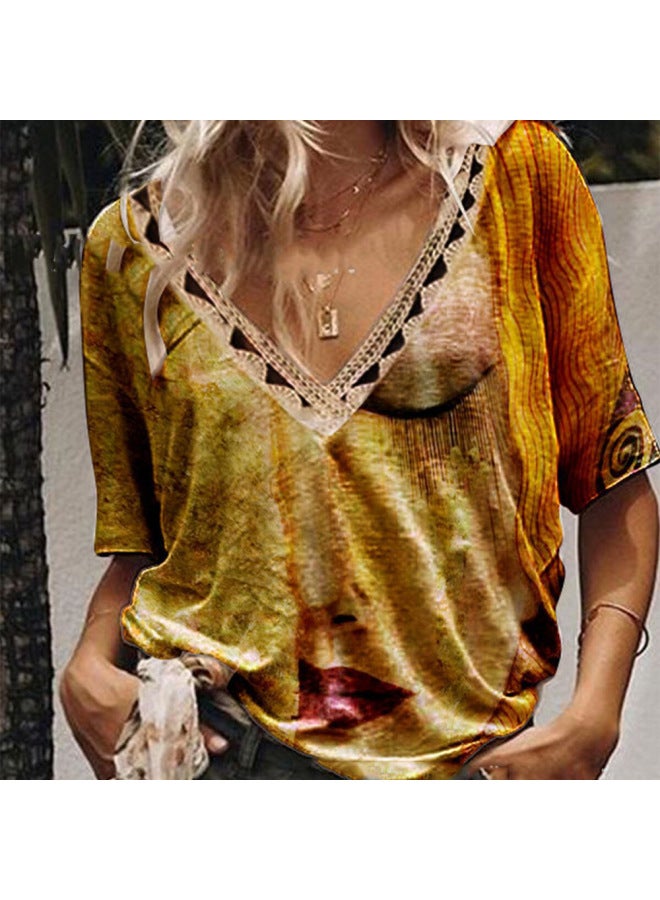 Women's Clothing European And American Summer Yellow Printed Loose Casual over Short-sleeved V-neck T-shirt Women's Top