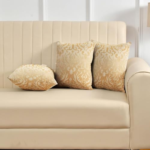 STARNSTYLE Velvet Decorative Cushion Cover 24x24 Inch - Set of 3, Soft Solid Damask Square Throw Pillow Covers for Sofa, Living Room or Home Decor - 60x60 cm Beige - Image 1