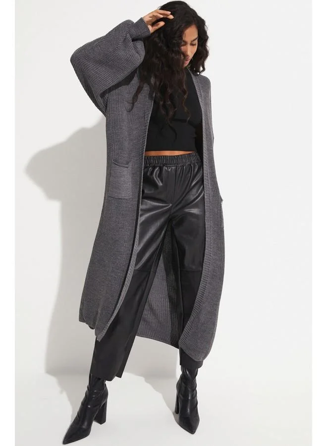 جون June Balloon Sleeve Long Knitwear Cardigan Anthracite