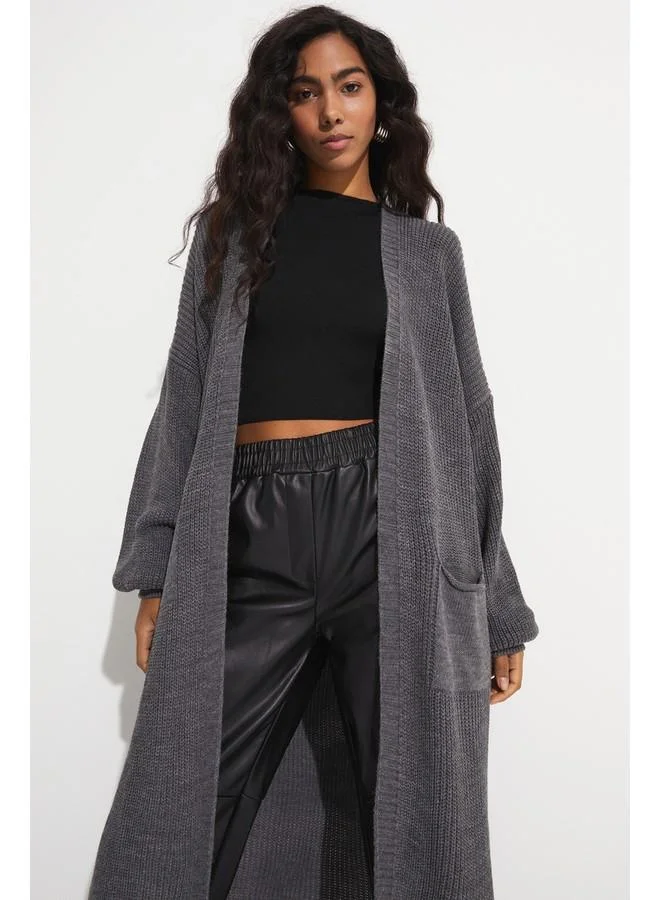 جون June Balloon Sleeve Long Knitwear Cardigan Anthracite