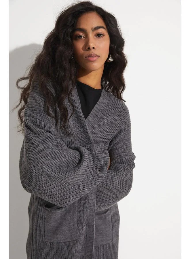 جون June Balloon Sleeve Long Knitwear Cardigan Anthracite