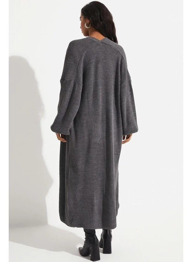 جون June Balloon Sleeve Long Knitwear Cardigan Anthracite