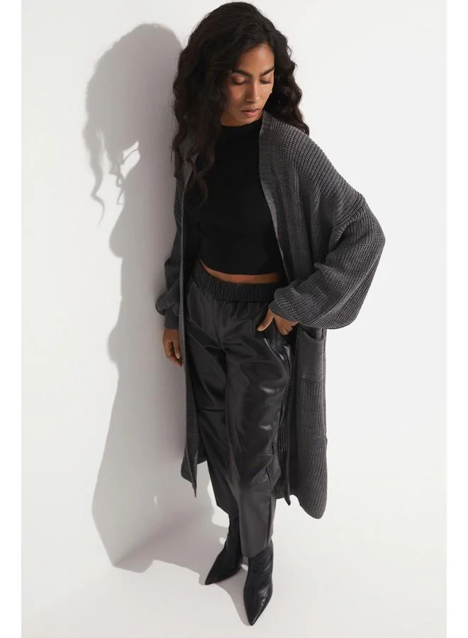 جون June Balloon Sleeve Long Knitwear Cardigan Anthracite