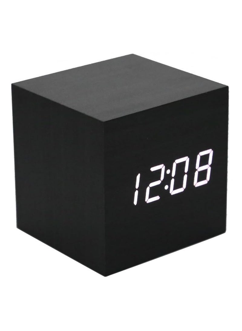 EVEREEN - Square Digital LED Alarm Clock Wood Retro Glow Clock Desktop Table Decor Voice Control Snooze Function Desk Clock (Black) - Image 1