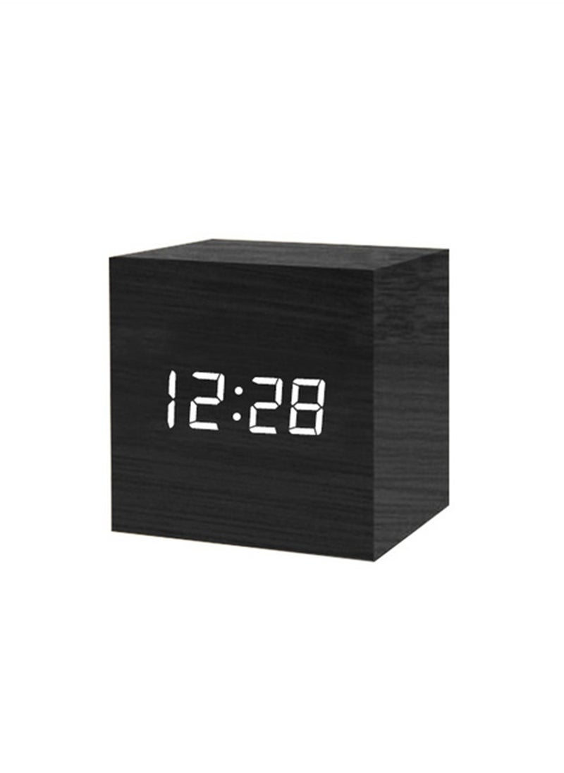 EVEREEN - Square Digital LED Alarm Clock Wood Retro Glow Clock Desktop Table Decor Voice Control Snooze Function Desk Clock (Black) - Image 1