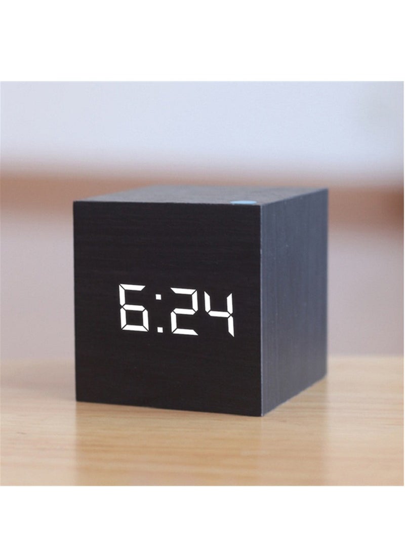EVEREEN - Square Digital LED Alarm Clock Wood Retro Glow Clock Desktop Table Decor Voice Control Snooze Function Desk Clock (Black) - Image 1