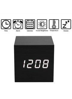 EVEREEN Square Digital LED Alarm Clock Wood Retro Glow Clock Desktop Table Decor Voice Control Snooze Function Desk Clock (Black)  - Image 2