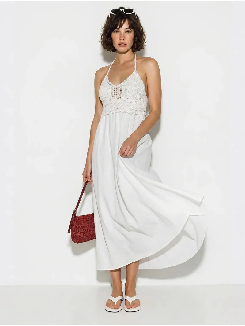 Bianco Lucci White LUCCI Halter Lace A-Line Midi Dress for Women | Best Price UAE
