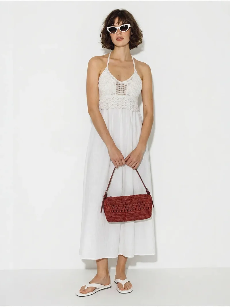 Bianco Lucci White LUCCI Halter Lace A-Line Midi Dress for Women | Best Price UAE