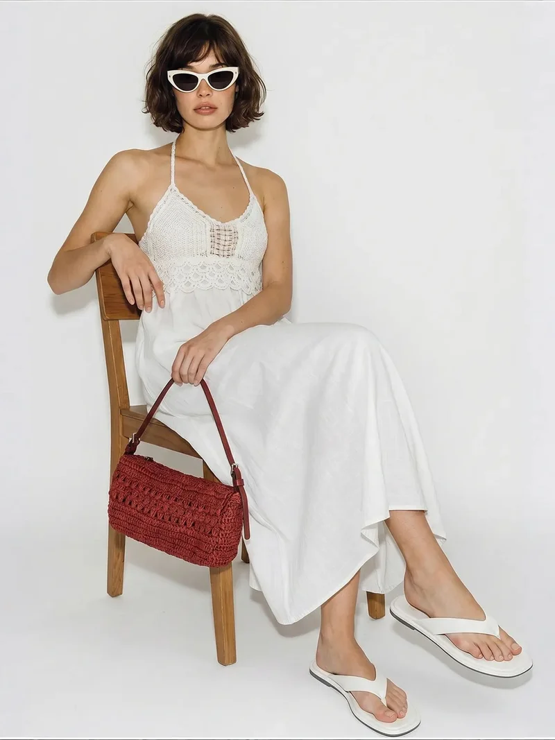 Bianco Lucci White LUCCI Halter Lace A-Line Midi Dress for Women | Best Price UAE