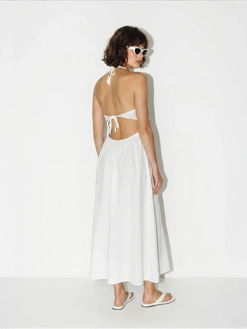 Bianco Lucci White LUCCI Halter Lace A-Line Midi Dress for Women | Best Price UAE