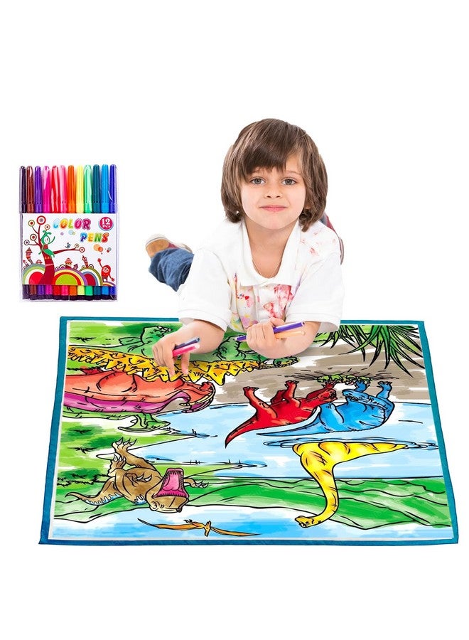 فنبلاست سجادة تلوين فن بلاست القابلة للغسل، سجادة تلوين ورسم ديناصورات للأطفال، سجادة رسم تخطيطي قابلة لإعادة الاستخدام وقابلة للغسل للأطفال، سجادة رسم خربشات للأطفال (50 × 50 سم) - Image 1