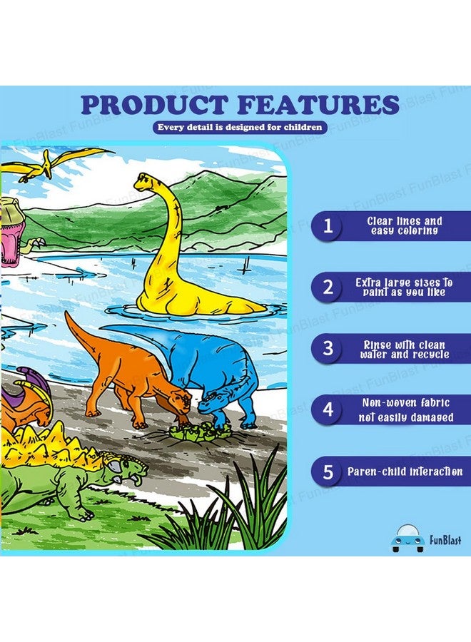 فنبلاست سجادة تلوين فن بلاست القابلة للغسل، سجادة تلوين ورسم ديناصورات للأطفال، سجادة رسم تخطيطي قابلة لإعادة الاستخدام وقابلة للغسل للأطفال، سجادة رسم خربشات للأطفال (50 × 50 سم) - Image 5