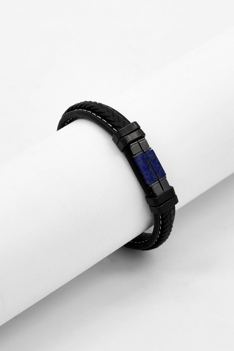 Steeltime Men Leather Bracelet with White Thread And Black IP Stainless Steel, Black - Image 1