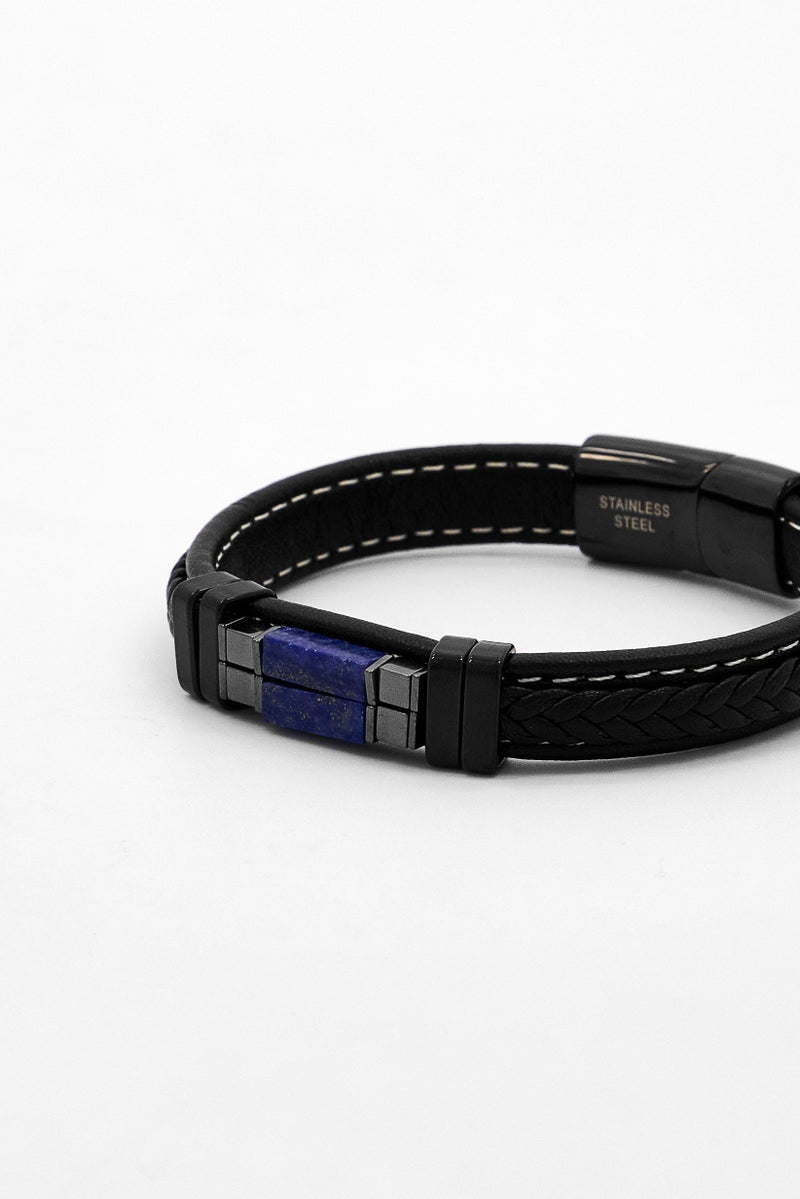 Steeltime Men Leather Bracelet with White Thread And Black IP Stainless Steel, Black - Image 3