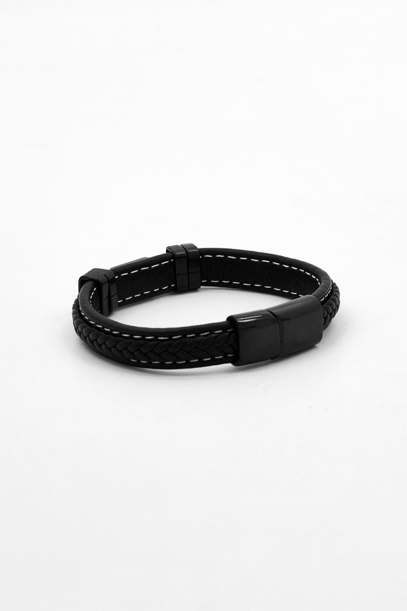 Steeltime Men Leather Bracelet with White Thread And Black IP Stainless Steel, Black - Image 2