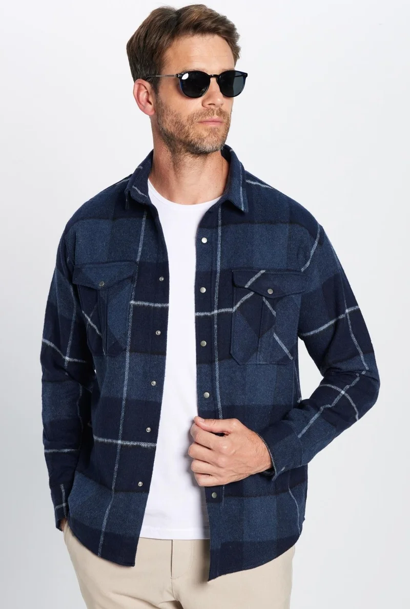 Tudors Men's Relax Fit Casual Cut Lumberjack Double Pocket Buttoned Plaid Winter Shirt