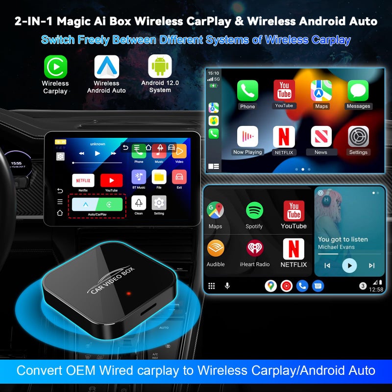 Rocketek Wireless Carplay & Android Auto Adapter Built in Netflix YouTube, 3-in-1 Car Play Ai Box Convert Wired to Wireless CarPlay,Upgraded Dual-Band WiFi, TF Card, Video Box for iPhone/Android, Plug & Play - Image 2