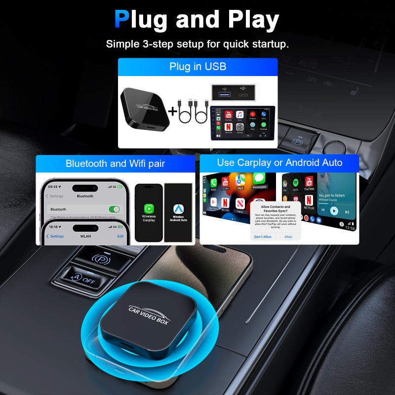 Rocketek Wireless Carplay & Android Auto Adapter Built in Netflix YouTube, 3-in-1 Car Play Ai Box Convert Wired to Wireless CarPlay,Upgraded Dual-Band WiFi, TF Card, Video Box for iPhone/Android, Plug & Play - Image 3