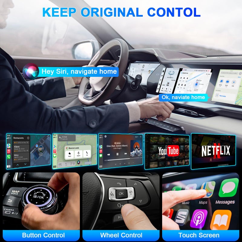 Rocketek Wireless Carplay & Android Auto Adapter Built in Netflix YouTube, 3-in-1 Car Play Ai Box Convert Wired to Wireless CarPlay,Upgraded Dual-Band WiFi, TF Card, Video Box for iPhone/Android, Plug & Play - Image 5