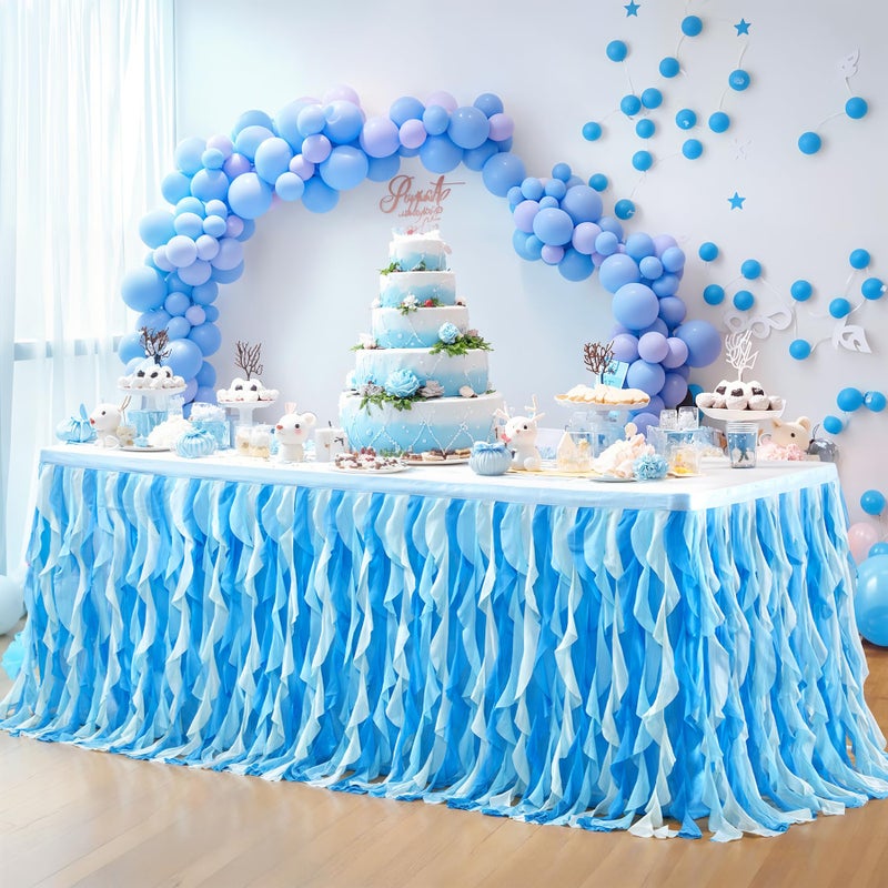 PARTISKY Ocean Blue Tulle Tutu Ruffle Curly Willow Table Skirt for Rectangle Table 6ft,Under The Sea Baby Shark Themed Table Cloth for Boys Girls Birthday Party or Baby Shower - Image 3