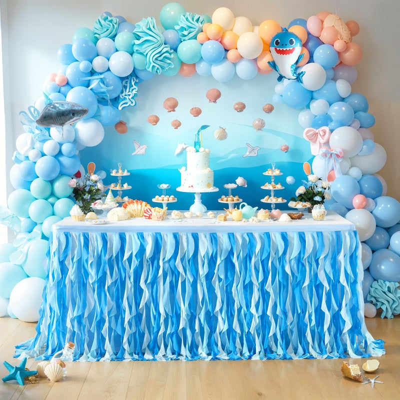 PARTISKY Ocean Blue Tulle Tutu Ruffle Curly Willow Table Skirt for Rectangle Table 6ft,Under The Sea Baby Shark Themed Table Cloth for Boys Girls Birthday Party or Baby Shower - Image 1