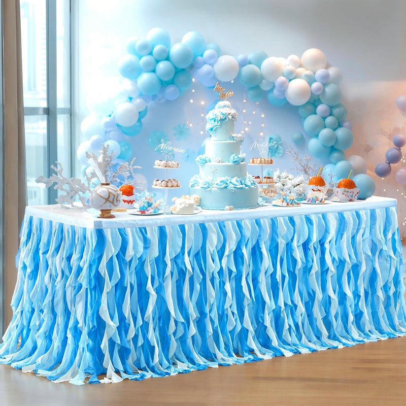 PARTISKY Ocean Blue Tulle Tutu Ruffle Curly Willow Table Skirt for Rectangle Table 6ft,Under The Sea Baby Shark Themed Table Cloth for Boys Girls Birthday Party or Baby Shower - Image 2