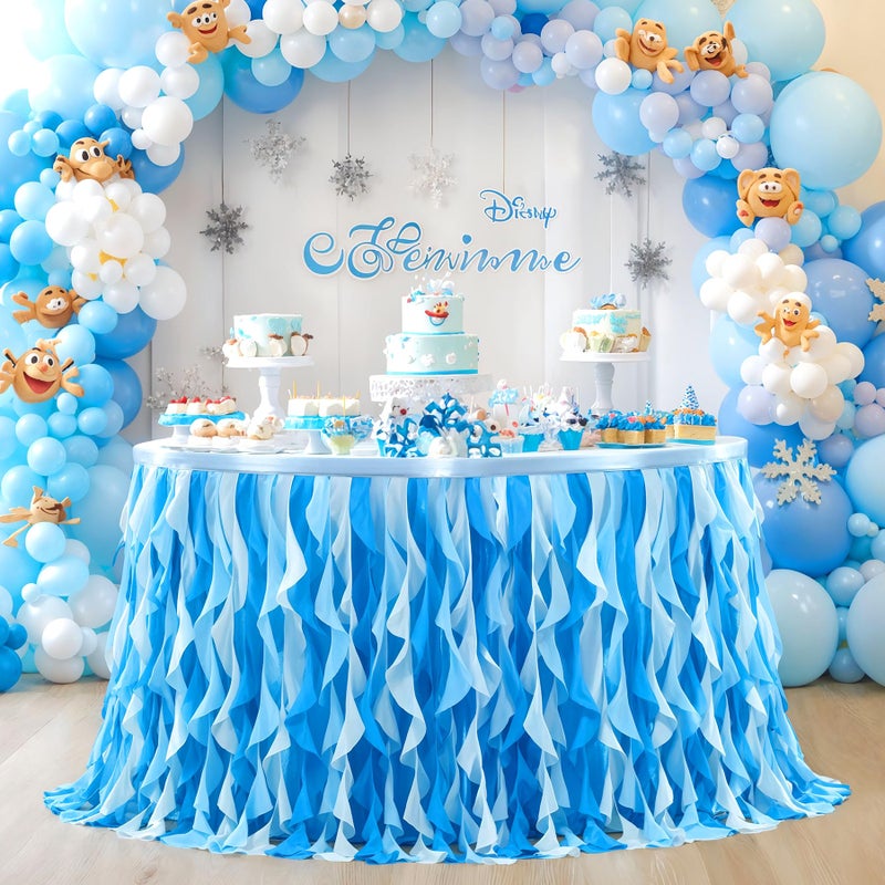PARTISKY Ocean Blue Tulle Tutu Ruffle Curly Willow Table Skirt for Rectangle Table 6ft,Under The Sea Baby Shark Themed Table Cloth for Boys Girls Birthday Party or Baby Shower - Image 4