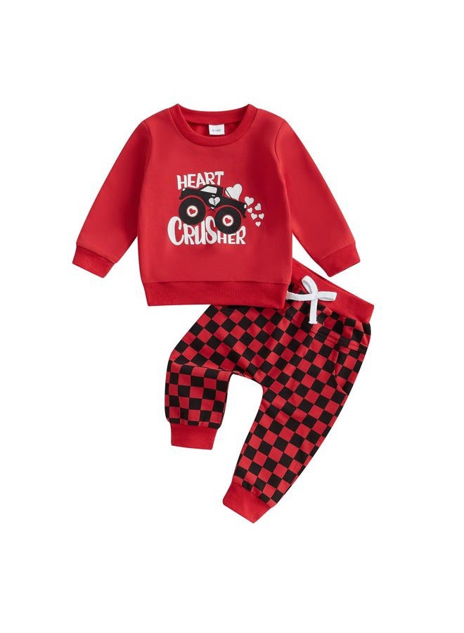 BeQeuewll Baby Boy Valentines Day Outfit Heart Lover Crusher Truck Valentine Sweatshirt Pants Set Toddler Boys Spring Outfits, Red, 6-12 Months - Image 1
