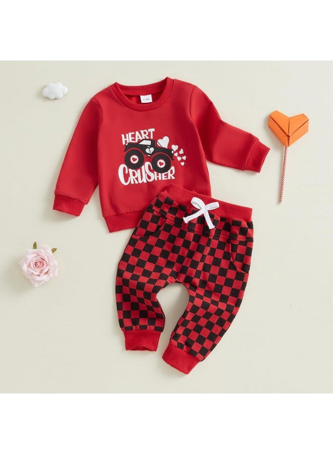 BeQeuewll Baby Boy Valentines Day Outfit Heart Lover Crusher Truck Valentine Sweatshirt Pants Set Toddler Boys Spring Outfits, Red, 6-12 Months - Image 2