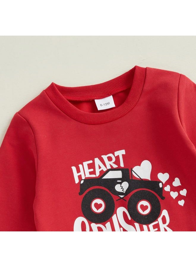 BeQeuewll Baby Boy Valentines Day Outfit Heart Lover Crusher Truck Valentine Sweatshirt Pants Set Toddler Boys Spring Outfits, Red, 6-12 Months - Image 4