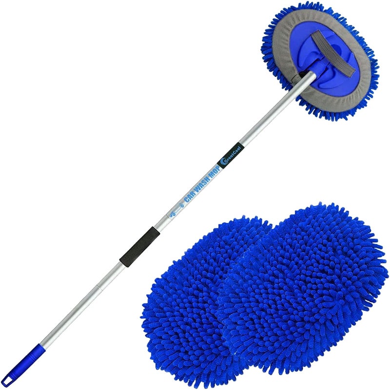 GreatCool 62" Car Wash Brush Mop Kit with Long Handle, 2 in 1 Chenille Microfiber Sponge Mitt Cleaning Detailing Duster for Washing Cars Truck SUV RV Caravans and Household(2 x Mop Head) (Blue) - Image 1
