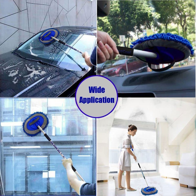 GreatCool 62" Car Wash Brush Mop Kit with Long Handle, 2 in 1 Chenille Microfiber Sponge Mitt Cleaning Detailing Duster for Washing Cars Truck SUV RV Caravans and Household(2 x Mop Head) (Blue) - Image 5