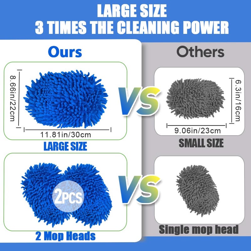 GreatCool 62" Car Wash Brush Mop Kit with Long Handle, 2 in 1 Chenille Microfiber Sponge Mitt Cleaning Detailing Duster for Washing Cars Truck SUV RV Caravans and Household(2 x Mop Head) (Blue) - Image 2